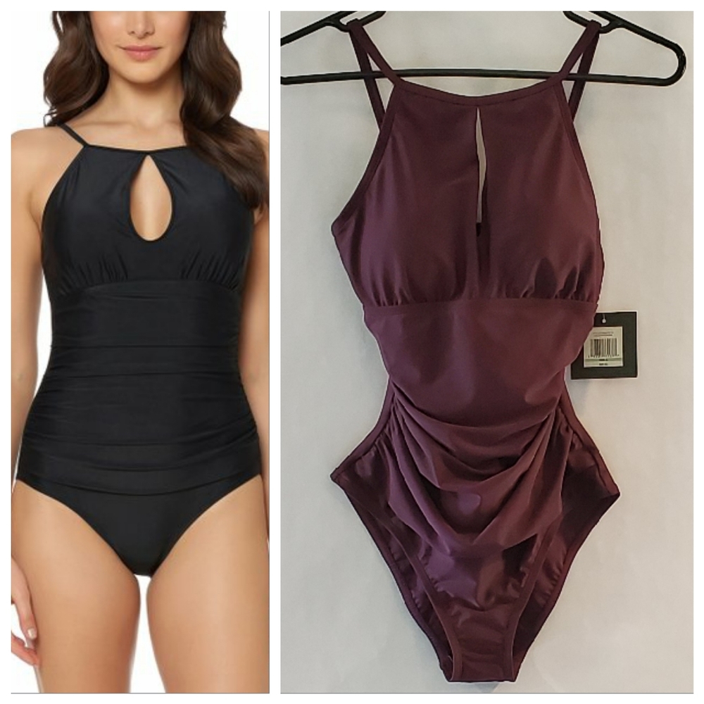 NWT Ellen Tracy Purple Keyhole High Neck One Piece